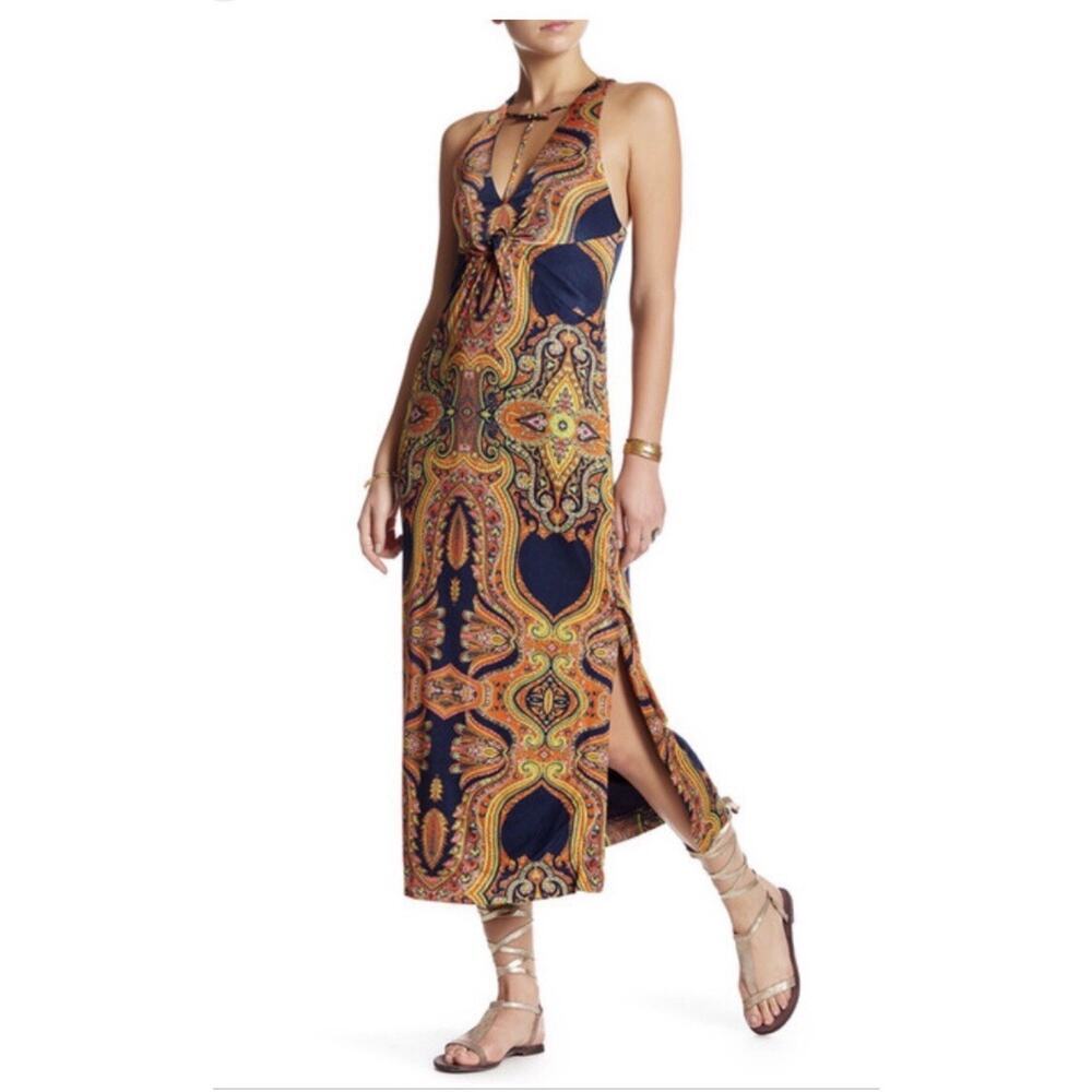 Free People Sin City Midi Stretch Psychedelic Paisley Print Maxi Dress S Boho